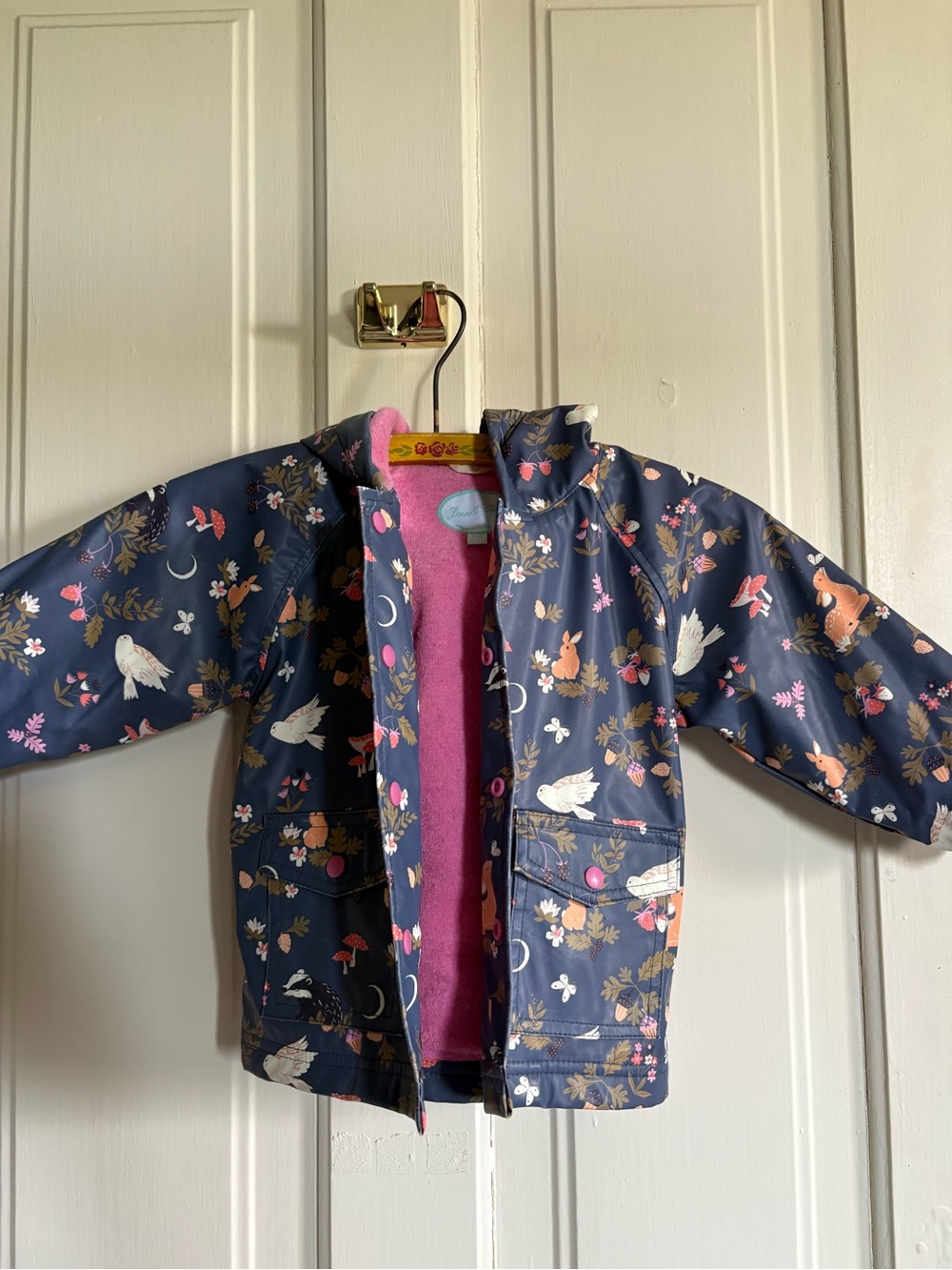 Girls' Navy Floral & Animal Raincoat with Pink Fleece Lining